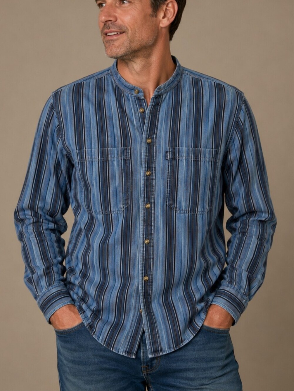 Vtg HUNT CLUB 1990s Blue Chambray Striped Band Collar Western Shirt